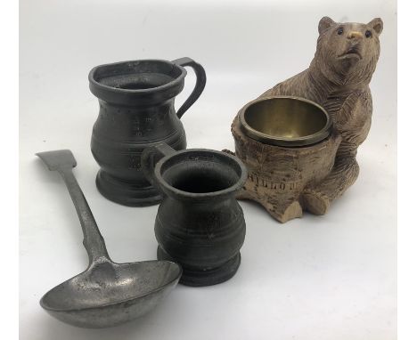 Pewter mugs, black forest bear a/f and pewter ladle. 