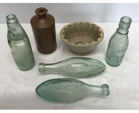 A mixed lot to include a stoneware bottle stamped Bourne Denby 19cm h x 9cm w, a stoneware jelly mould of a mouse design, fou