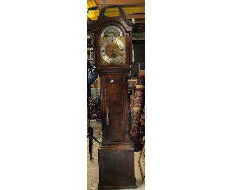 Oak longcase clock, brass face with painted top panel. Tobias Fletcher, Barnsley. 210 h x 48 w x 25cms d. Condition ReportLoo