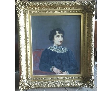 Large decorative gilt framed oil painting on canvas, portrait of a young lady in a black dress, signed L.R. Walter Harrowing 