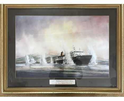 Gilt framed DC Bell print MV Norland and HMS Fearless, San Carlos Sound, Falkland Islands 1982. 56cm w x 37cm l.