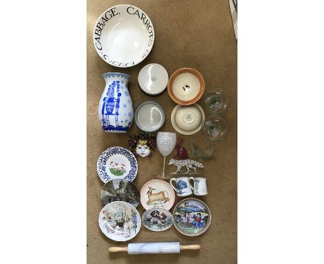 Selection of modern ceramics including Poole bowls, Emma Bridgewater bowl, decorative plates, glassware, rolling pin, Rob Rya