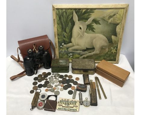 Mixed lot, Ross 8x40 binoculars, Billie Waters white doe print, British silver and copper coinage, drawing instrument, foldin