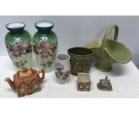 Mixed lot, pair of painted milk glass vases (cracked and chipped) Beswick vase, Redford vase, Cottage teapot (cracked lid) Li