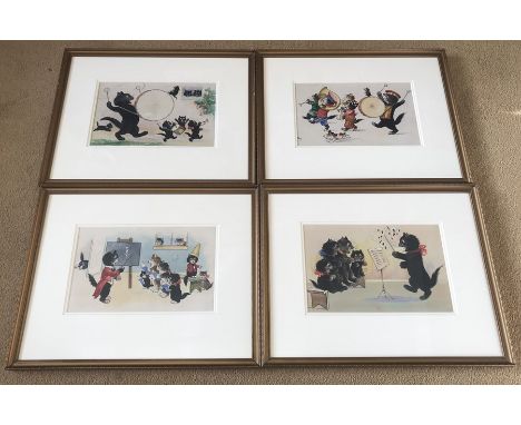 Set of four watercolours, humorous cat scenes in the Louis Wain style, unsigned, each approx 13.5cms w x 14.5c,s h in gilt fr