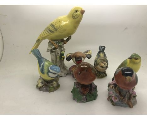 Six Royal Worcester bird figures, Bullfinch, Wood Warbler, chip to beak, Robin, Goldfinch, chip to wing, Bluetit, Golds Crest