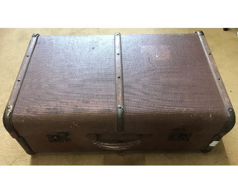 Wooden bound canvas travel trunk case. 68 w x 45cms. 