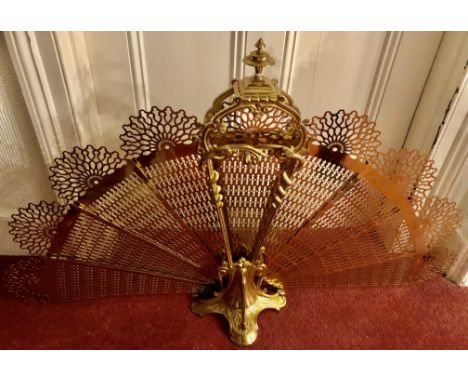 A decorative brass fan fireguard winding serpents to each side. 112cms w x70cm h when open, together with a brass fire front 