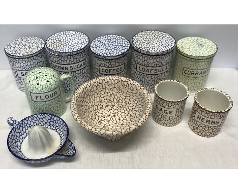 Maling kitchenware Cobblestone blue, brown and green, storage canisters, flour sifter, lemon squeezer and a colander, sage an