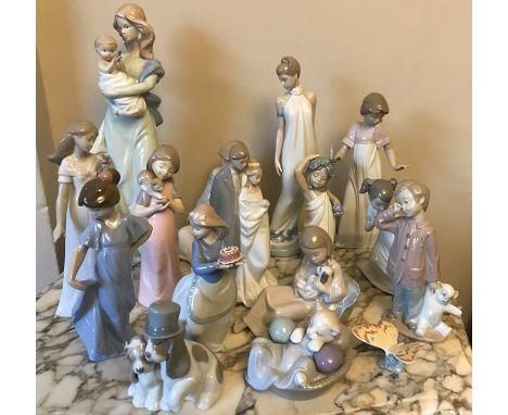 Nao figurines, 16 various, 39cms h including bride and groom, mother and baby, dogs etc, all good condition. 