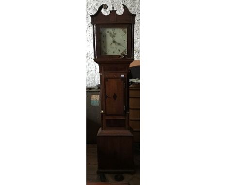 Longcase clock, oak and mahogany boxwood banded inlay, 30 hour, Daventry, 202 h x 22 d x 46cms w. Condition Report(Broken to 