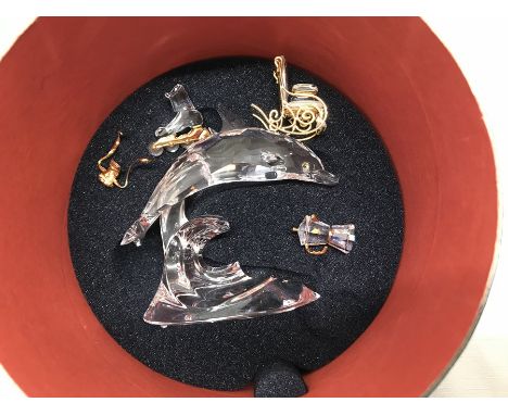Swarovski crystal glass Dolphin breaking wave with extras, rocking chair, roller skate and coffee pot, boxed with certificate