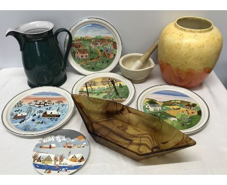 Mixed lot, Villeroy and Boch Four Seasons plates, 23cms w, large Denby jug, 23cms h, large Avon Pottery vase, 24cms h with cr