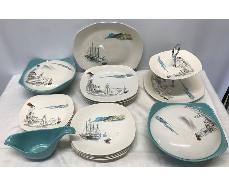Midwinter Stylecraft, Cannes design dinnerware, drawings by Hugh Casson, 23 pieces, 6 large plates 24cms, 6 small plates 22cm
