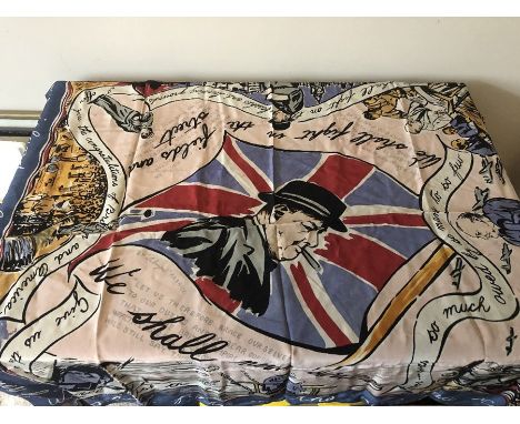 A 1940's headscarf by Filmyra depicting Winston Churchill to centre with pictorial scenes and written passages, torn and hole