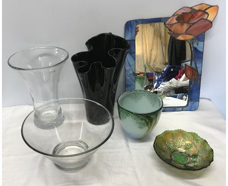 Collection of modern good quality glassware including studio vase with tree design, 14cms, John Lewis handmade tall black han