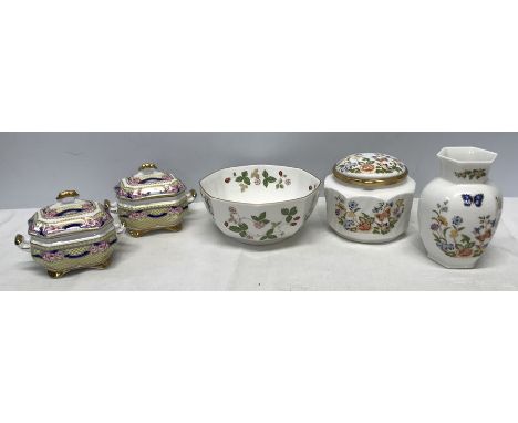 Pottery selection, Wedgwood Wild Strawberry bowl, 15.5cms w, pair of Spode lidded pots, Aynsley Cottage Garden lidded jar and