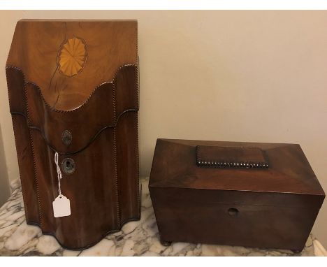 Georgian mahogany knife box, converted to a stationary box. 33.5 h x 19 w x 16.5cms d with 19thC mahogany tea caddy. 