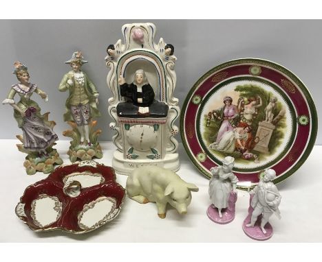 Ceramics including Vienna plate, pair 19thC pink &amp; white continental bisque pig figures, Alka Bavarian dish, pair contine