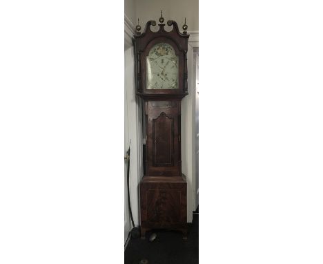 Mahogany and inlaid cased longcase clock, Branner of Hull with painted dial and swan necked pediment. 234cms h.Condition Repo