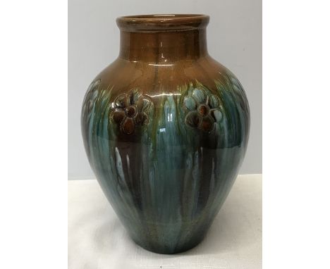 Linthorpe pottery Christopher Dresser design vase, brown, blue, green with floral motifs. 23.5cms h, impressed stamp to the b