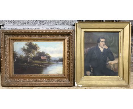Gilt framed oil painting of country river scene, 29cm w x 19cm h. And a Victorian colour print portrait of a Gentleman, 20cm 
