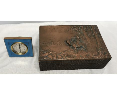Wooden trinket box with decorative embossed copper lid, 23 w x 16 d x 7cms h together with a small copper and blue enamel man