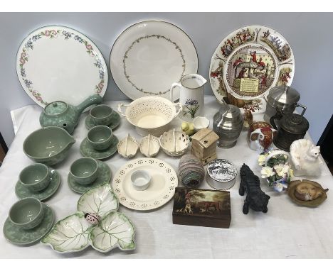 Mixed lot of mainly ceramics including Japanese tea set, Royal Worcester cake plates, Leeds creamware, pewter, various orname