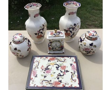 Masons Mandalay selection, pair of vases, 31cms h, pair of lidded ginger jars, mantle clock and set of placemats. Very good c