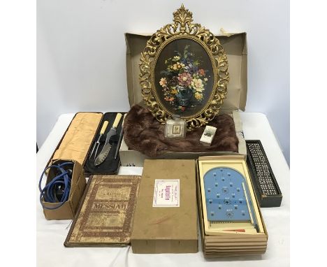 A mixed lot to include a ladies fur stole, Box 'chad valley' Bagatelle, Dominoes, Travel iron, cased carving set, floral oil 