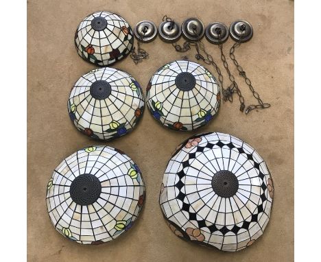 Selection of Tiffany style leaded glass lamp shades with galleries and chains, largest 49cms w, 39cms w, a pair 35cms w and a