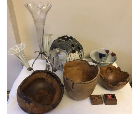 Modern ceramic vase, 2 bowls and a vase, 1 bowl a/f, 19thC plated epergne, wooden bowls and a box with dice. 