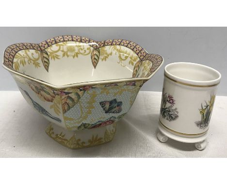 Spode Sumatra fruit bowl decorated with birds and butterflies 12cm h x 21cm w and a small Royal Worcester floral patterned po