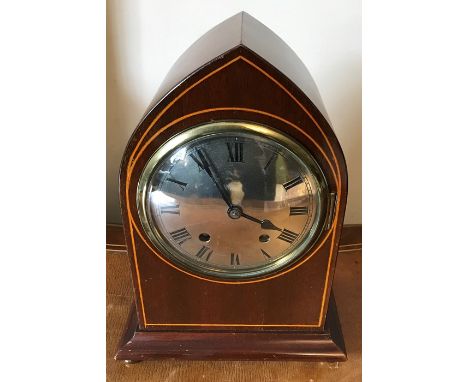 Edwardian Sheraton revival mahogany mantle clock. 30cms h. 