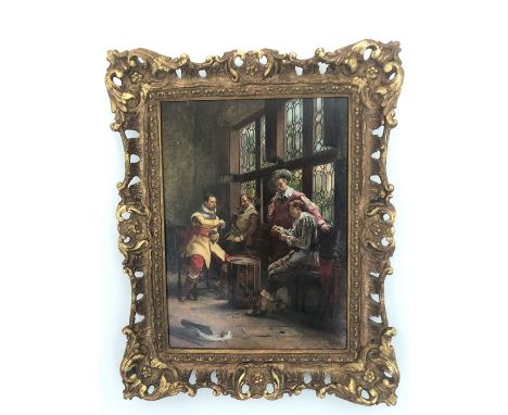 T. Baratti, 1878. Continental oil on panel. Gentleman playing cards, signed L.R. 30 x 22cms in decorative gilt frame.Under UV