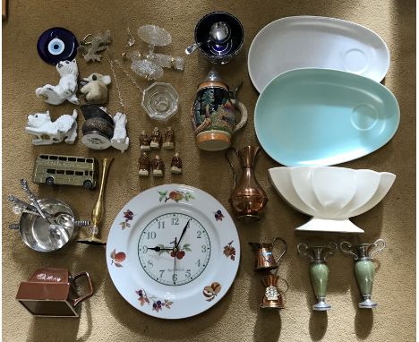 Mixed lot, Royal Worcester clock, Poole plates, Eastgate vase (chip to rim) Wade Friars and various ornaments. 