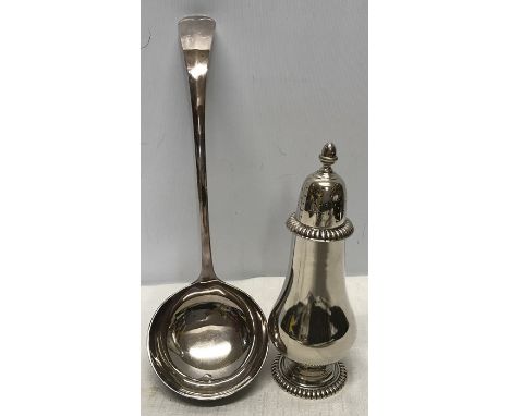 Silver pepperette stamped 800 with bulbous form 19cm h, together with a silver plate ladle spoon Walker and co. Pepperette we
