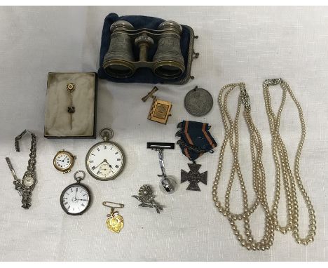 A mixed lot of simulated pearl necklaces, commemorative medallions, silver cased pocket watch (chip enamel face) 4cms, plated