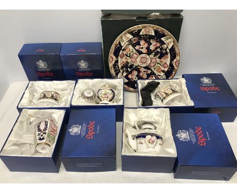 Spode gilt and floral decorated miniatures, teapots, vases and a kettle, all mint and boxed together with a Mason's Ironstone