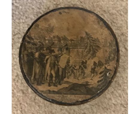 Papier mache snuff box with print of Napoleon crossing the Passage du Mont St. Bernard. 8.5cms d