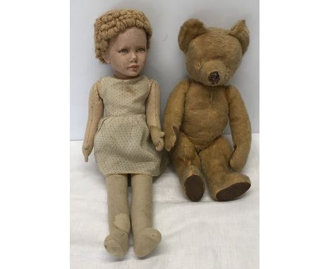 Chad Valley Hygienic Toys, plush fur teddy, well loved, missing eyes, 40cms l and a composite head, Shirley Temple doll, felt