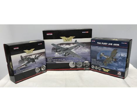 Corgi Aviation Archive model aircraft, Ltd Edition. Messerschmitt, Hawker Typhoon and Fairy Swordfish MK II. 1:72 scale. Mint