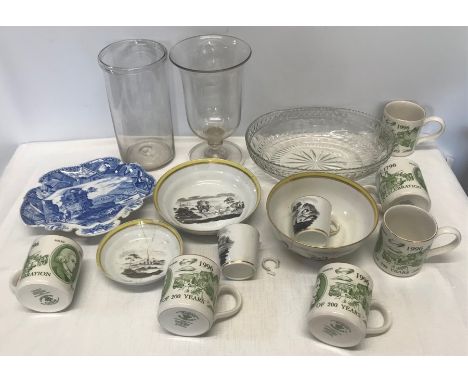 Mixed lot pottery and glassware, celery vase 23cms h, cut glass bowl, 29cms w, chipped inside bowl, Masons 200 year celebrati