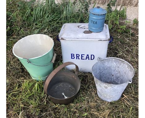 Kitchen enamel ware, bread bin, tea caddy, green bucket, brass jam pan and a galvanised bucket. 