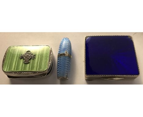 Blue enamel and white metal marked .925 scent bottle holder a/f containing original bottle, 4cms h, green enamel box with mir