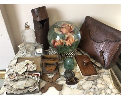 Miscellany to include le Rosarium, leather cased bottle, leather handbag, vintage blotter, glass dump, cigarette cards, calen