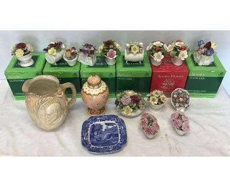 Selection of Aynsley hand painted flower posies, some with boxes, a Doulton, a Douton Burslem commemorative mug Becket and Ma