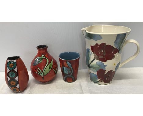 Poole pottery vases, circle pattern 12cms h, floral bulbous vase 13cms h, a beaker shape vase 9.5cms and a poppy pattern jug 