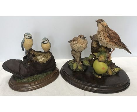 Country Artists and Worcester artists hand painted figurines, Thrush and Chick 23cms h x 27cms w of base and bluetits with ne