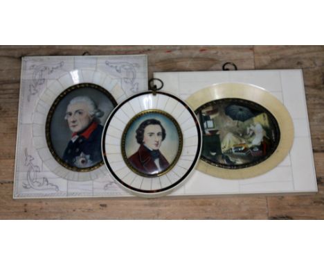 A group of three portrait miniatures, one depicting Chopin, another Frederick the Great King of Prussia and an interior scene